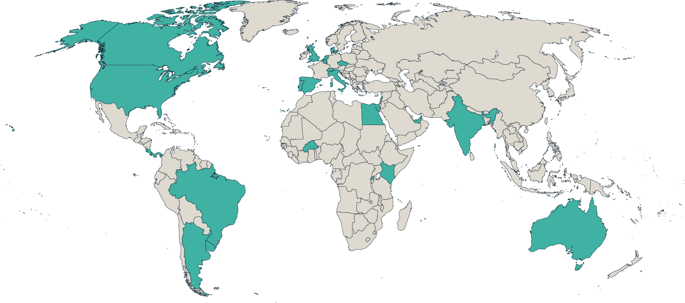 a world map with highlighted countries